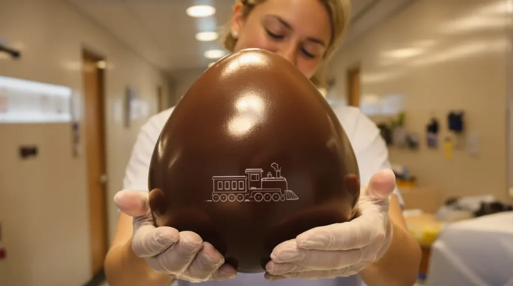 La chocolatière offre un œuf énorme en chocolat à l’hôpital