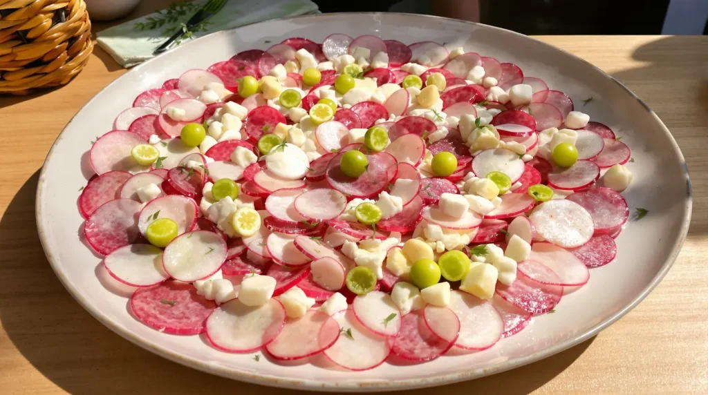 Zéro cuisson, zéro stress et pourtant ce carpaccio croquant au fromage frais séduit à chaque apéritif