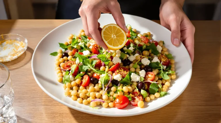 Besoin d&rsquo;inspiration mais flemme de cuisiner ? Cette recette de salade aux pois chiches, tomates, concombres vous fera voyager. Le petit plus : une sauce au citron !