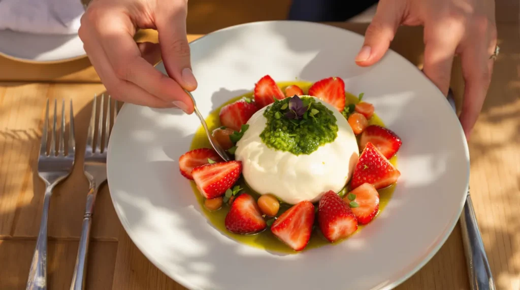 Ma burrata aux fraises et pesto de pistache
