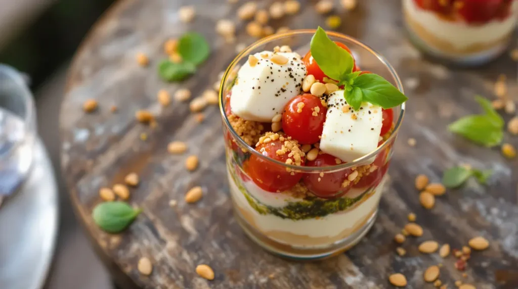 Fini les verrines classiques à l'apéro : ce tiramisu salé tomate-mozza-pesto prêt en 5 minutes chrono