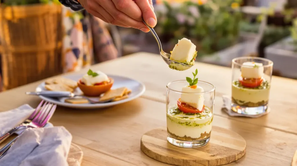 Fini les verrines classiques à l'apéro : ce tiramisu salé tomate-mozza-pesto prêt en 5 minutes chrono
